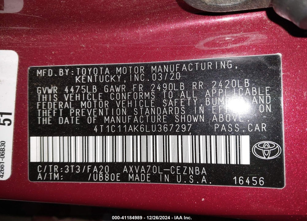 2020 TOYOTA CAMRY LE VIN: 4T1C11AK6LU367297