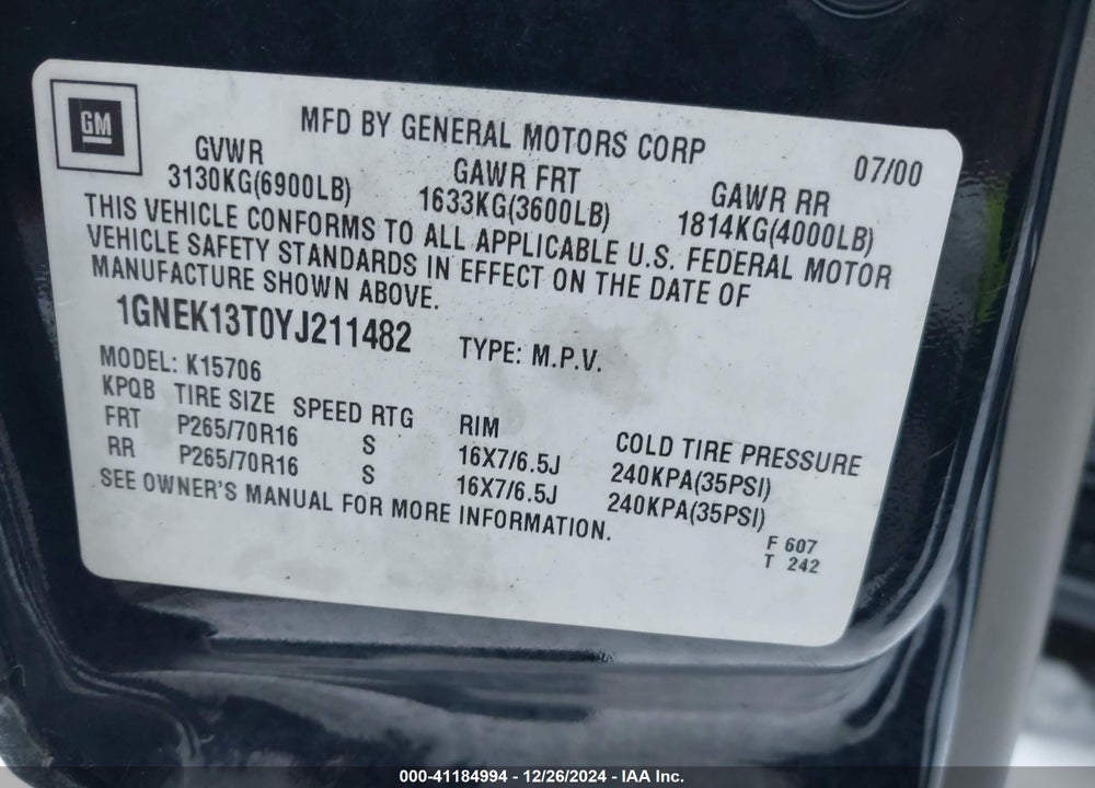 2000 CHEVROLET TAHOE ALL NEW LS VIN: 1GNEK13T0YJ211482
