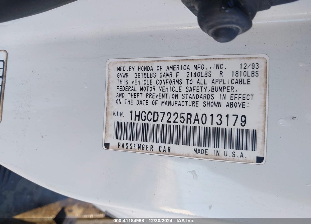 1994 HONDA ACCORD DX VIN: 1HGCD7225RA013179
