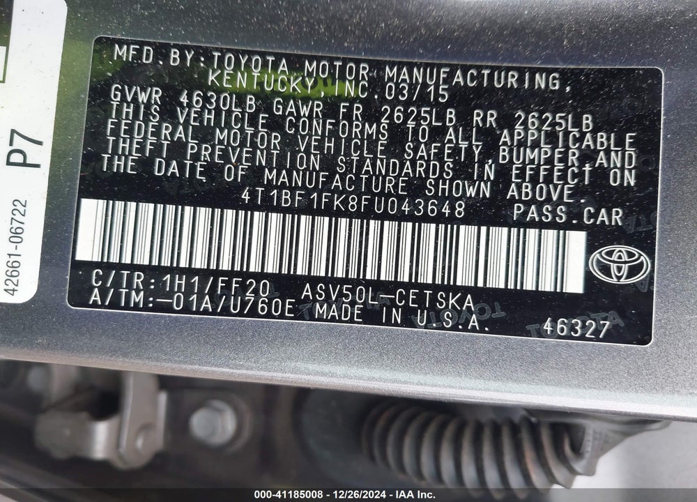 2015 TOYOTA CAMRY VIN: 4T1BF1FK8FU043648