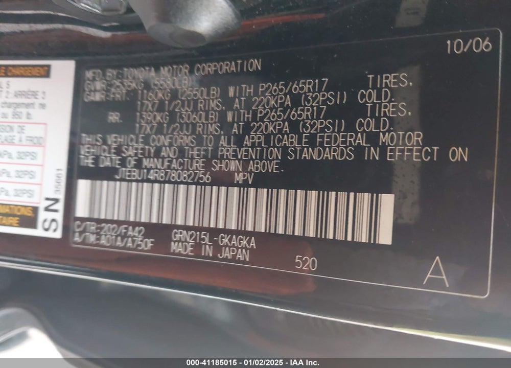 2007 TOYOTA 4RUNNER SR5 V6 VIN: JTEBU14R878082756