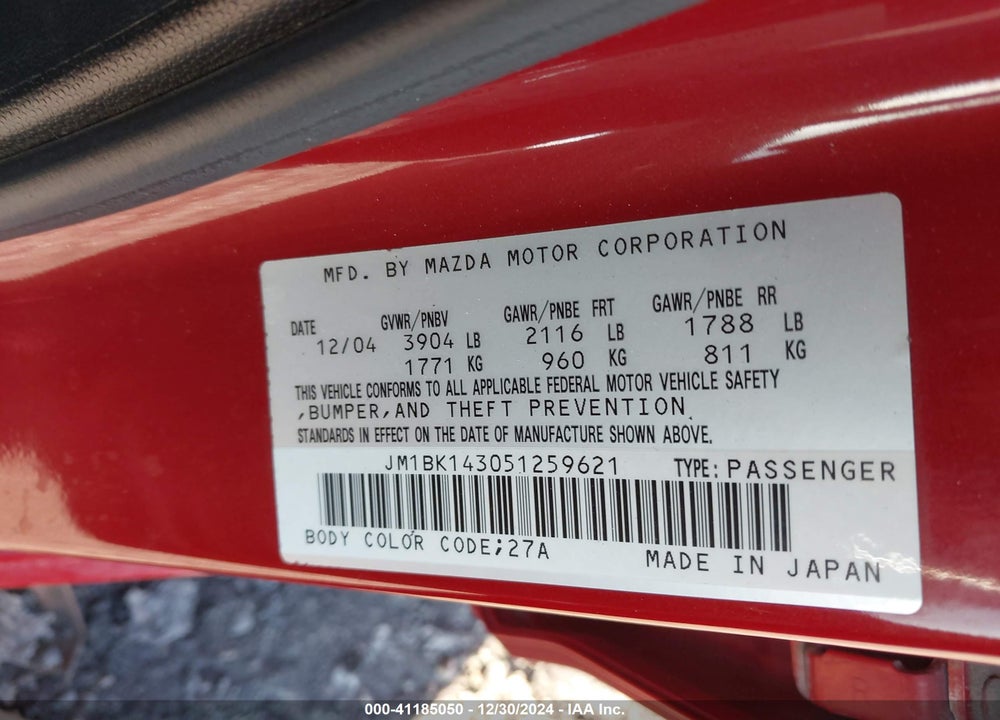 2005 MAZDA 3 S VIN: JM1BK143051259621