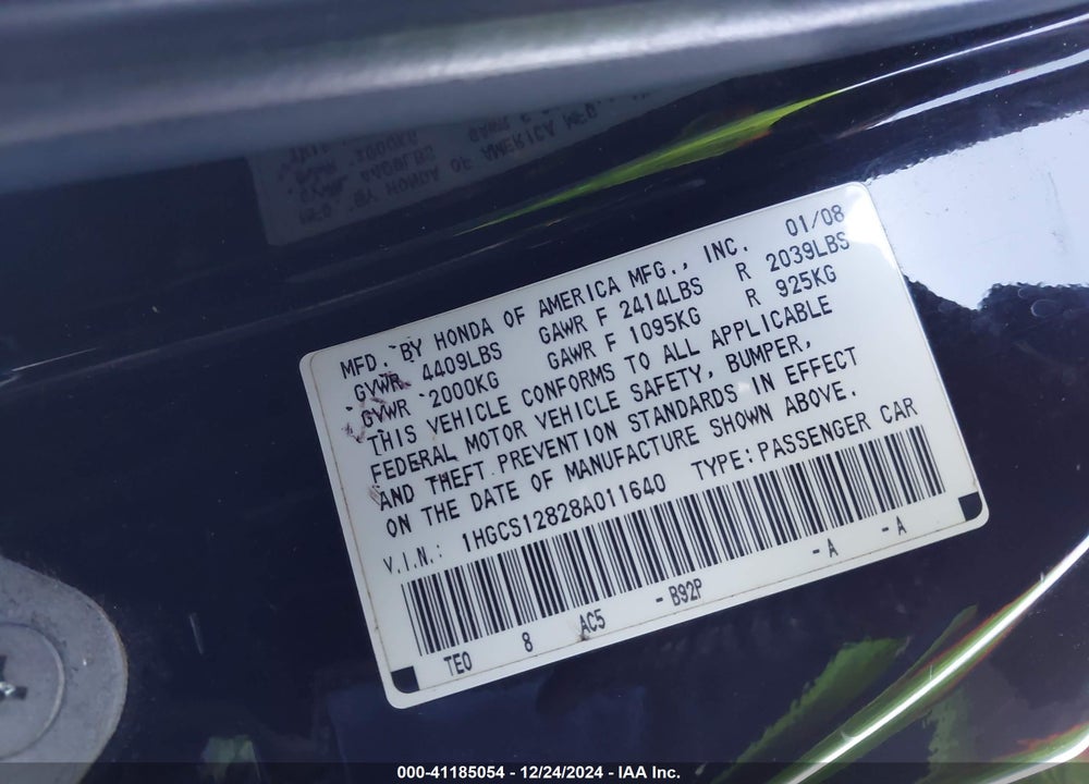 2008 HONDA ACCORD 2.4 EX-L/EX-L VIN: 1HGCS12828A011640