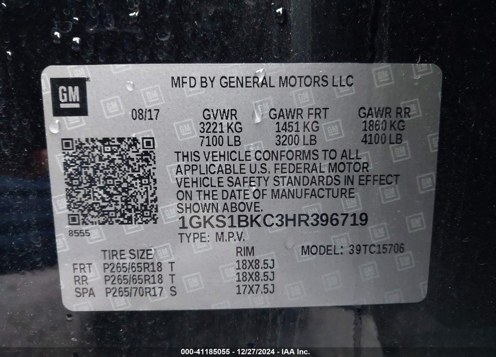 2017 GMC YUKON SLT VIN: 1GKS1BKC3HR396719