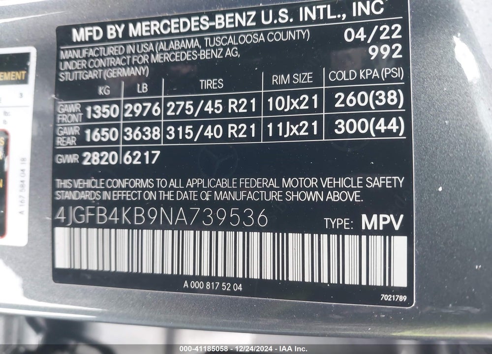 2022 MERCEDES-BENZ GLE 350 4MATIC VIN: 4JGFB4KB9NA739536