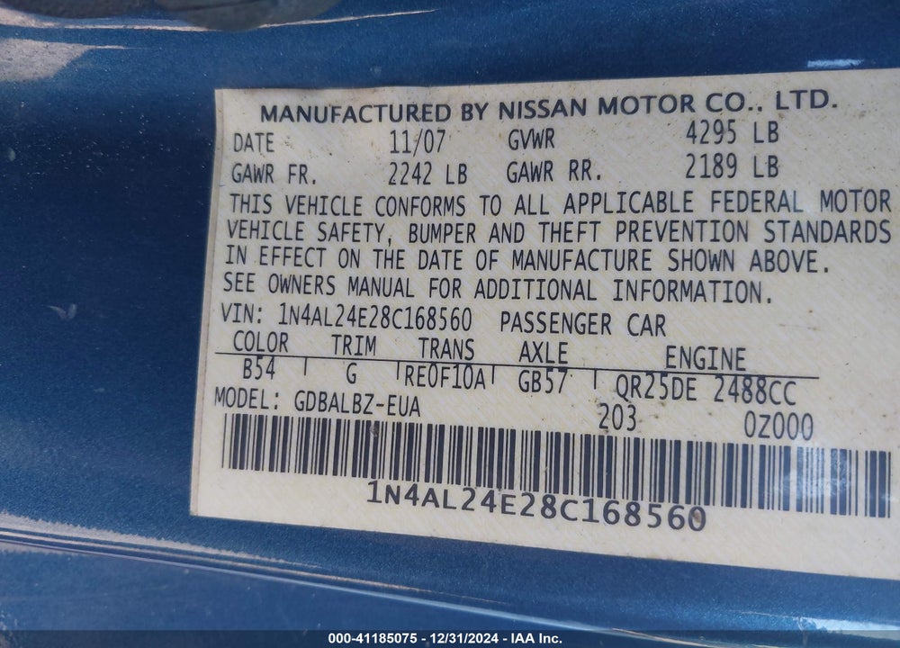 2008 NISSAN ALTIMA 2.5 S VIN: 1N4AL24E28C168560