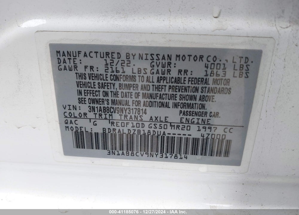 2022 NISSAN SENTRA VIN: 3N1AB8CV9NY317814