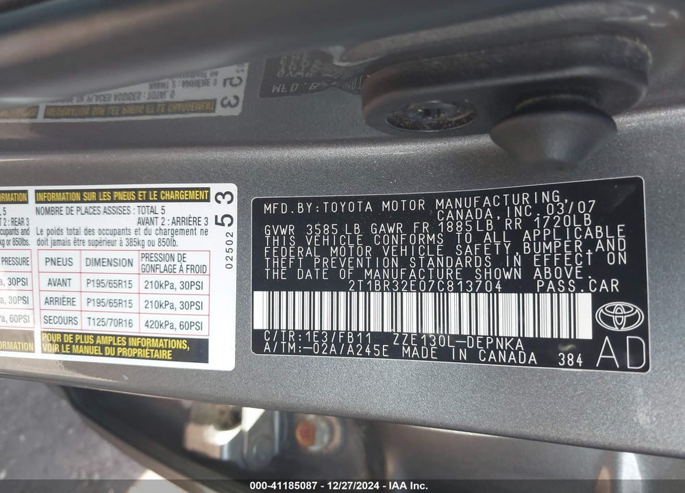 2007 TOYOTA COROLLA LE VIN: 2T1BR32E07C813704