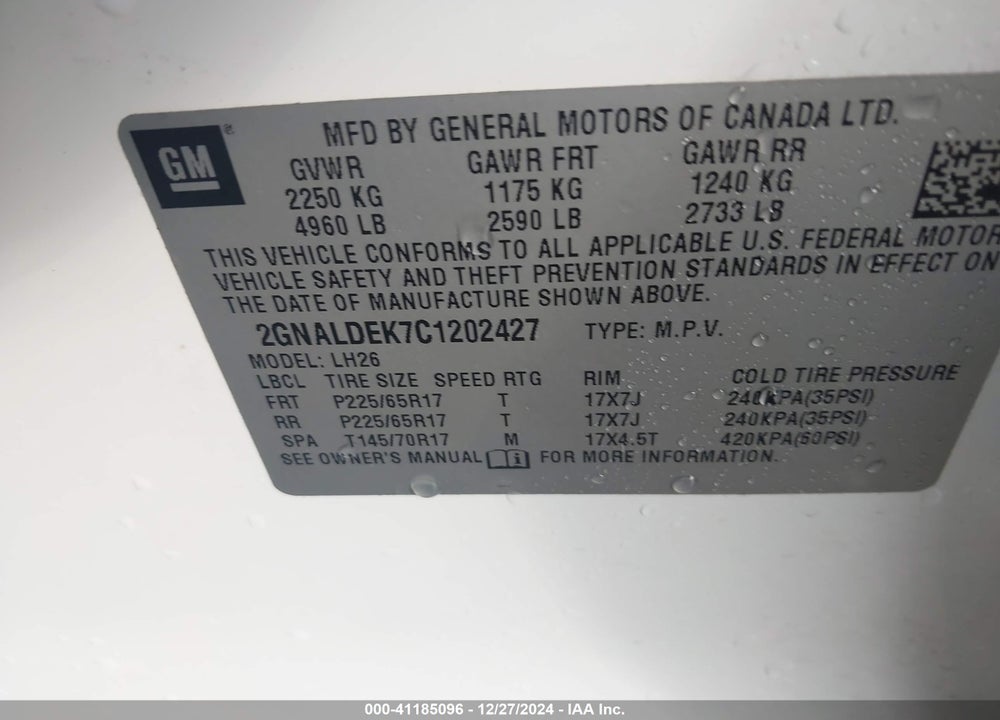 2012 CHEVROLET EQUINOX 1LT VIN: 2GNALDEK7C1202427