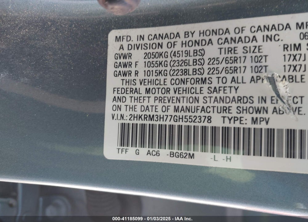 2016 HONDA CR-V EX-L VIN: 2HKRM3H77GH552378