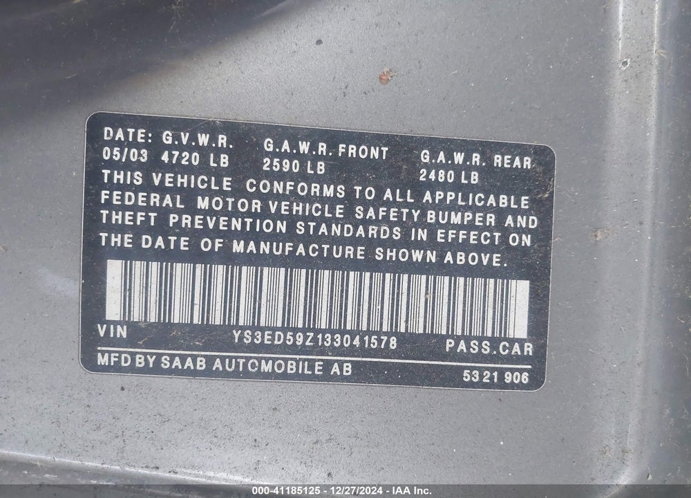 2003 SAAB 9-5 ARC VIN: YS3ED59Z133041578