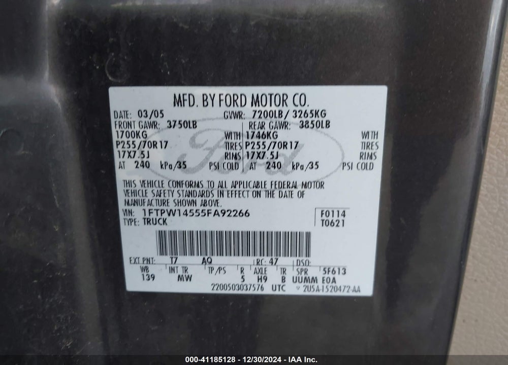 2005 FORD F-150 FX4/LARIAT/XLT VIN: 1FTPW14555FA92266