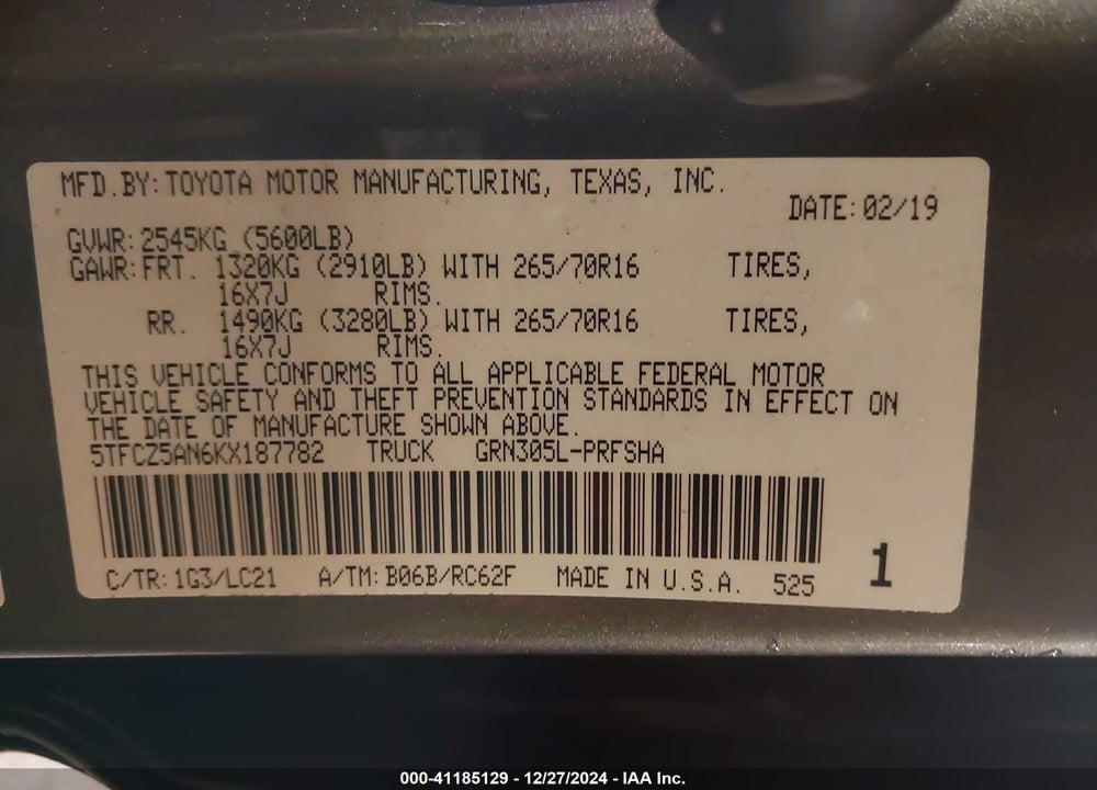 2019 TOYOTA TACOMA VIN: 5TFCZ5AN6KX187782