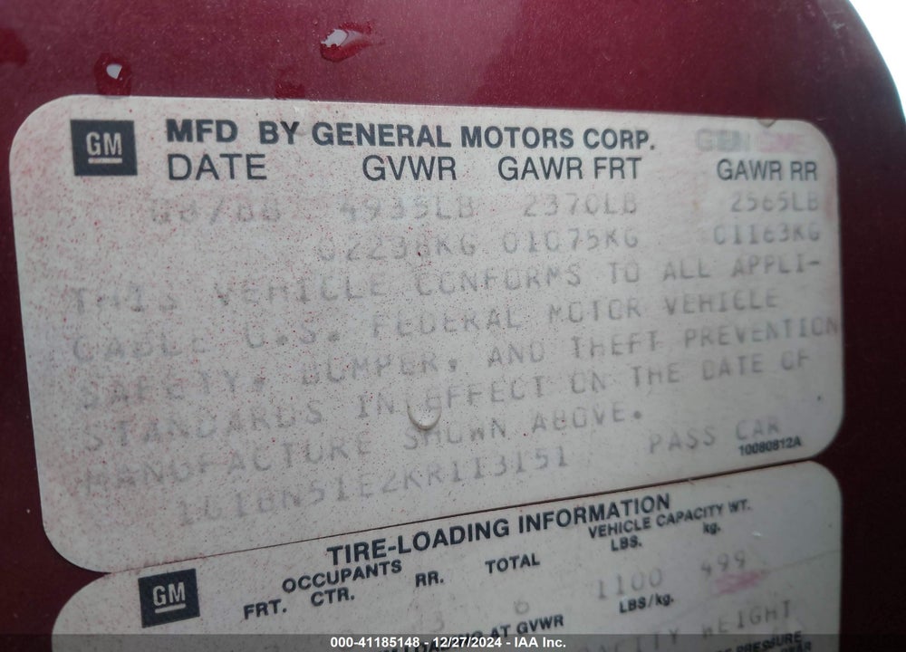 1989 CHEVROLET CAPRICE CLASSIC VIN: 1G1BN51E2KR113151