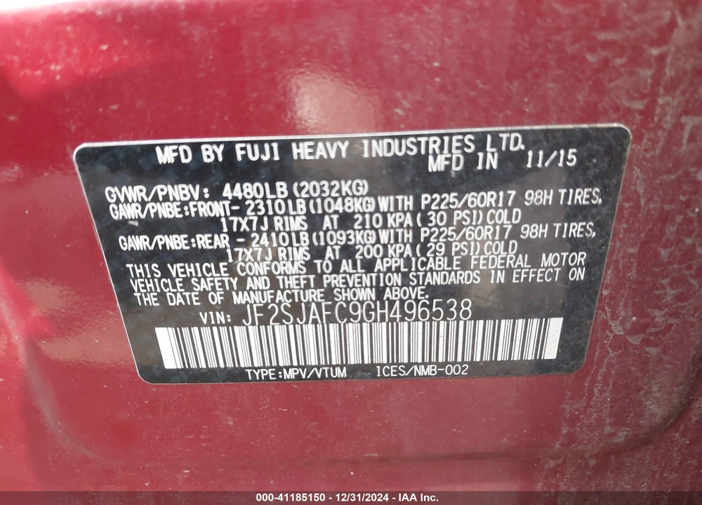 2016 SUBARU FORESTER 2.5I PREMIUM VIN: JF2SJAFC9GH496538