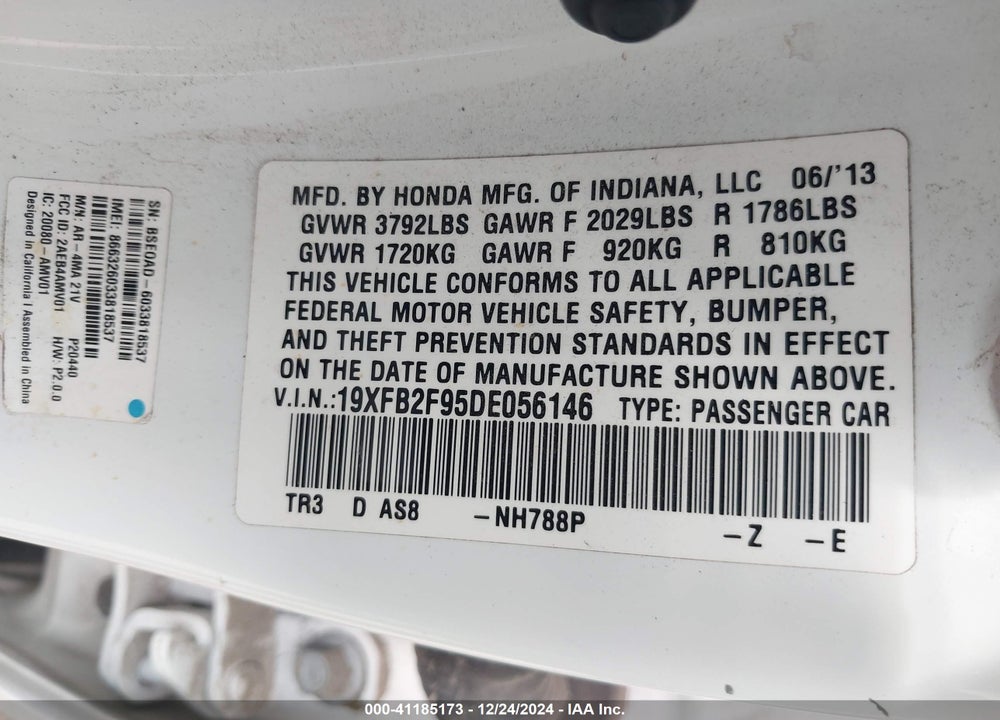 2013 HONDA CIVIC EX-L VIN: 19XFB2F95DE056146