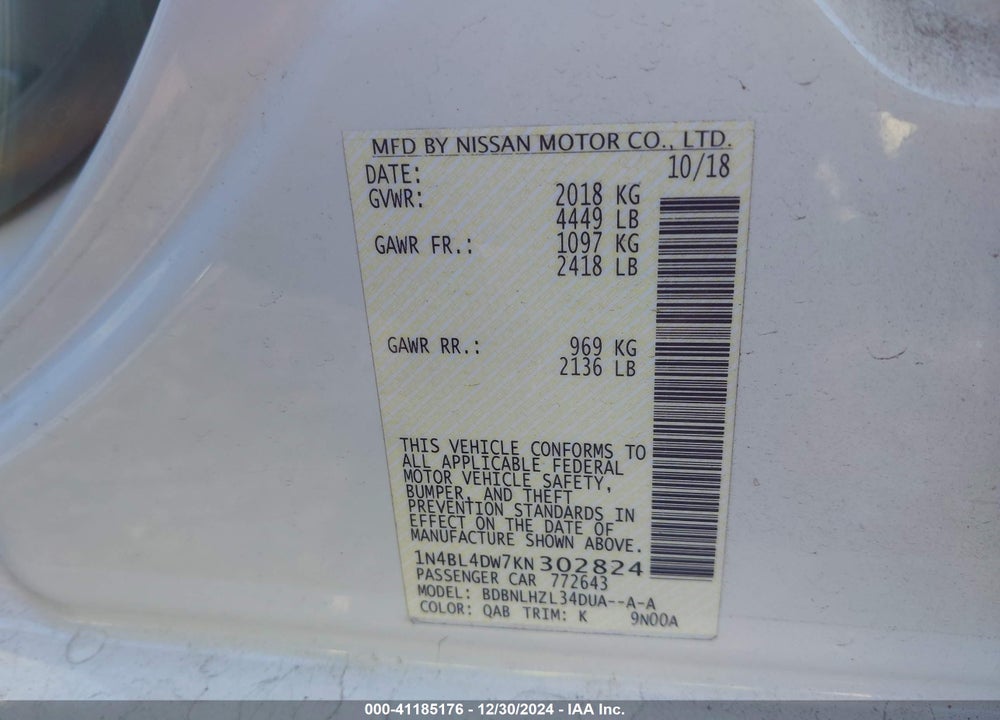2019 NISSAN ALTIMA VIN: 1N4BL4DW7KN302824