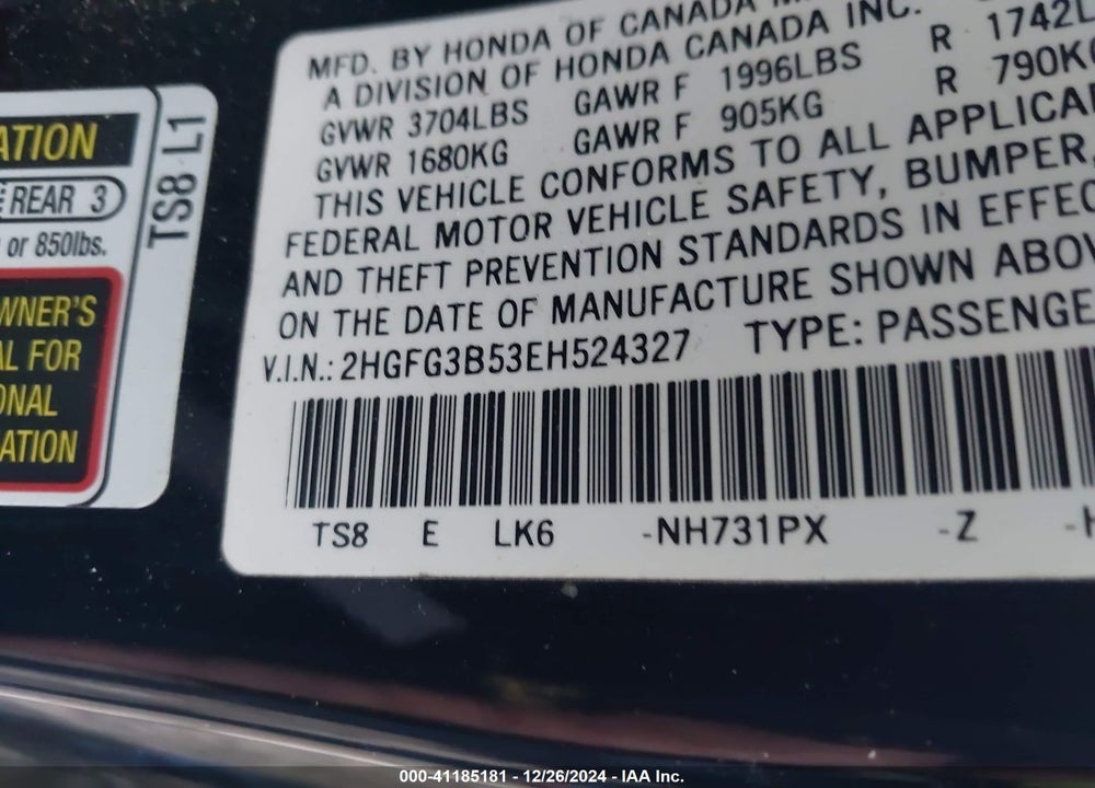 2014 HONDA CIVIC VIN: 2HGFG3B53EH524327