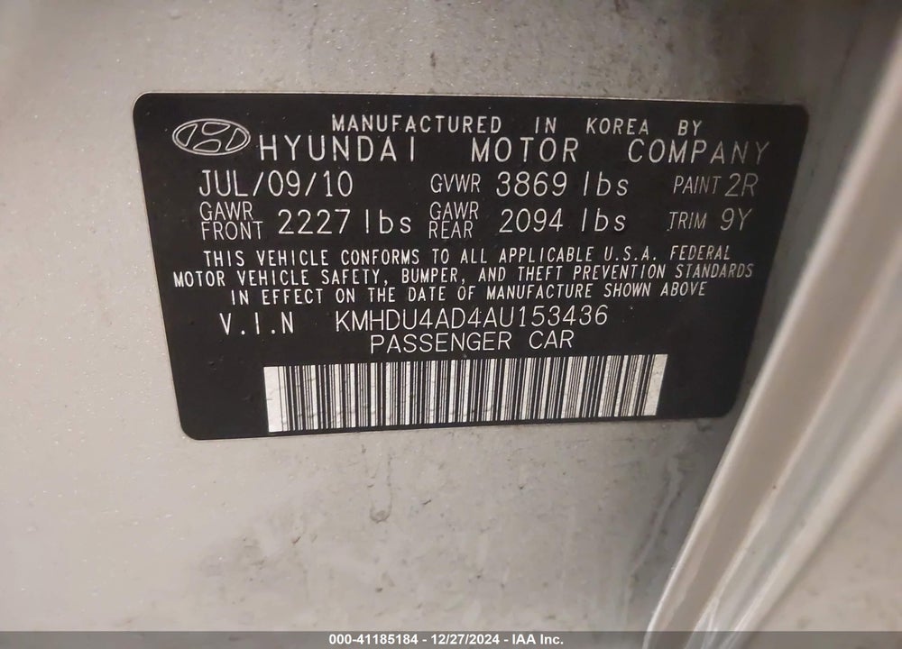 2010 HYUNDAI ELANTRA GLS VIN: KMHDU4AD4AU153436
