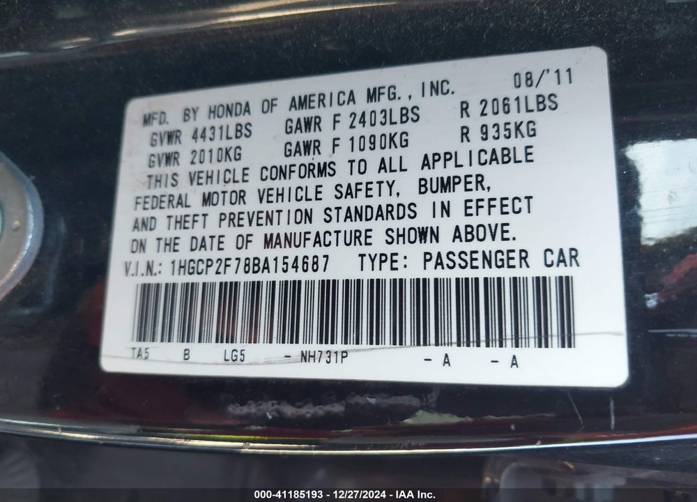 2011 HONDA ACCORD 2.4 EX VIN: 1HGCP2F78BA154687