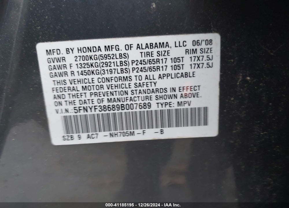 2009 HONDA PILOT EX-L VIN: 5FNYF38689B007689