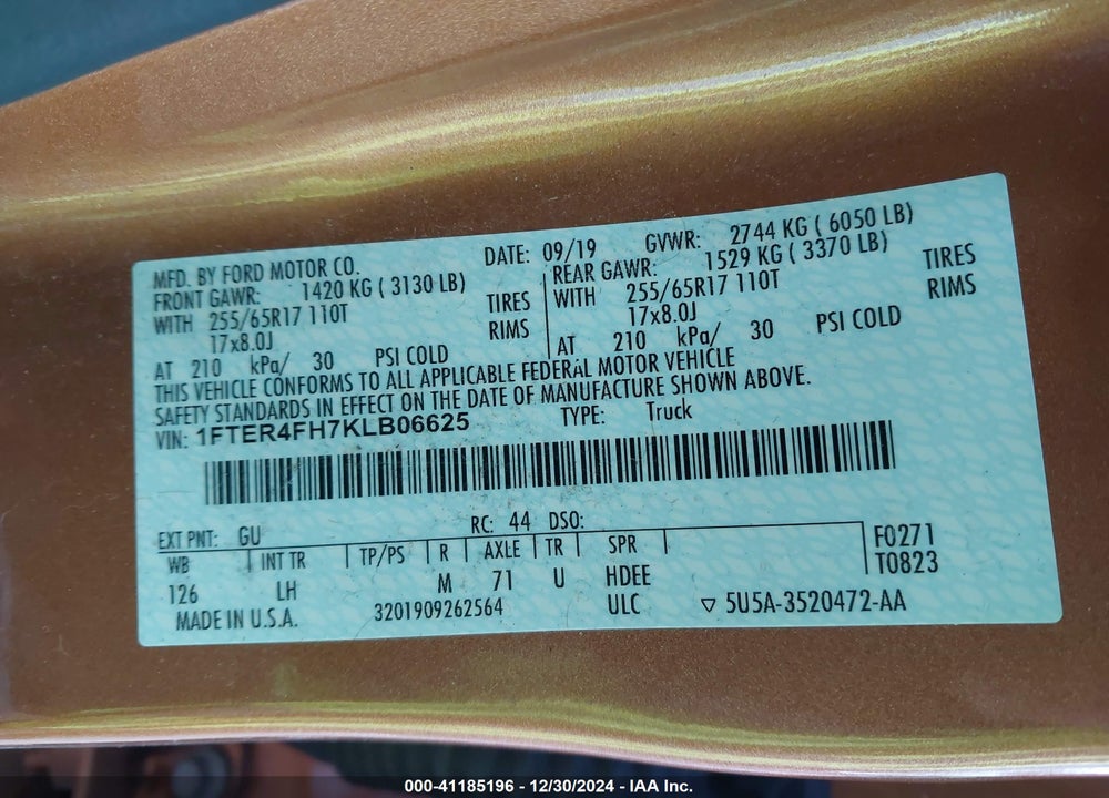 2019 FORD RANGER XLT VIN: 1FTER4FH7KLB06625