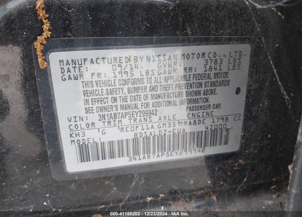 2014 NISSAN SENTRA SV VIN: 3N1AB7AP5EY299942