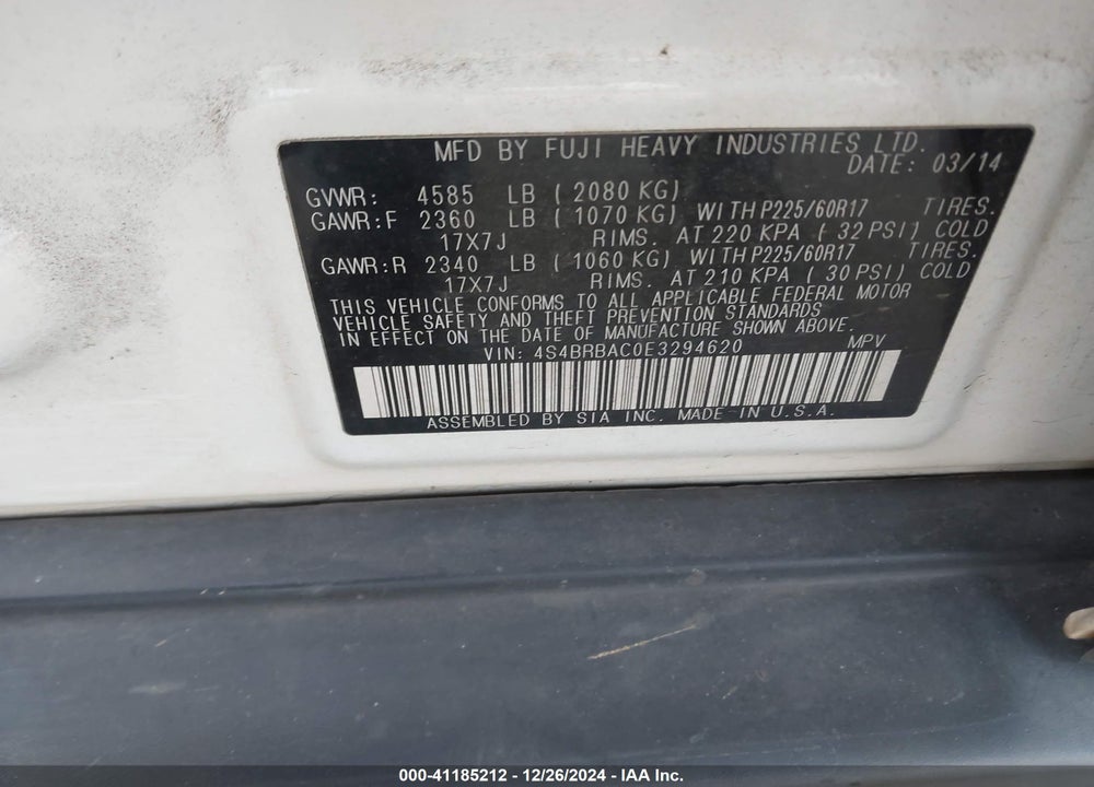 2014 SUBARU OUTBACK 2.5I VIN: 4S4BRBAC0E3294620