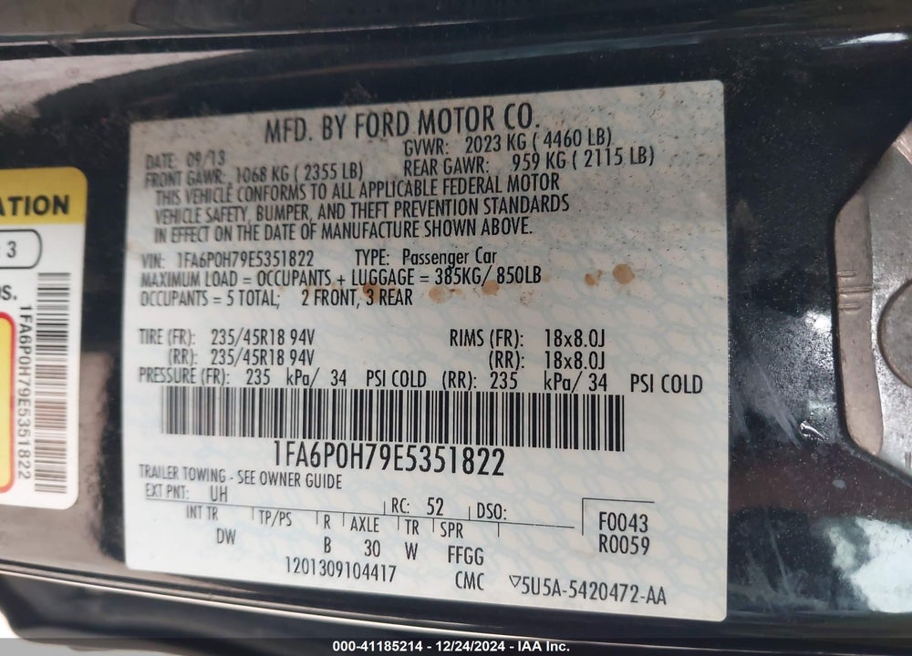 2014 FORD FUSION VIN: 1FA6P0H79E5351822