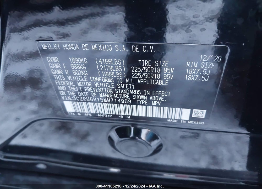 2021 HONDA HR-V AWD SPORT VIN: 3CZRU6H15MM714909