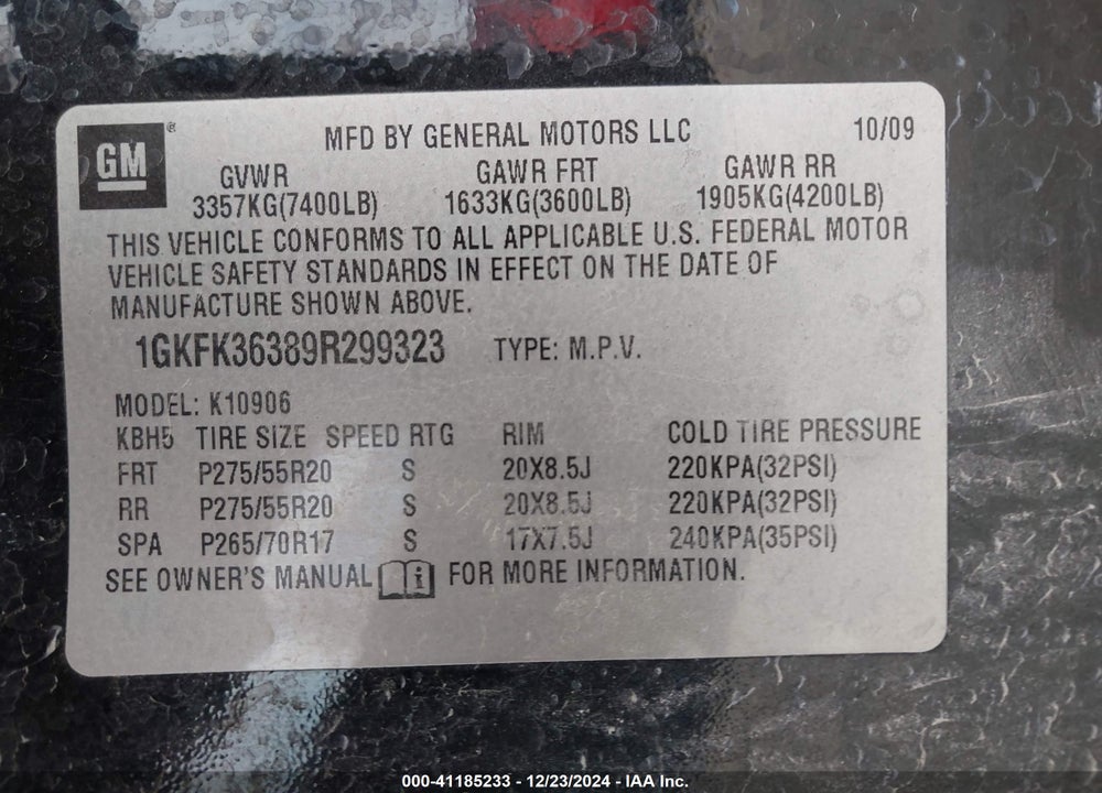 2009 GMC YUKON XL 1500 SLT2 VIN: 1GKFK36389R299323