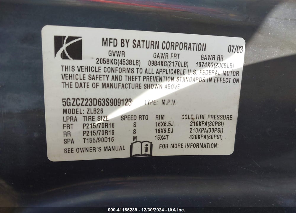 2003 SATURN VUE 4 CYL VIN: 5GZCZ23D63S909123