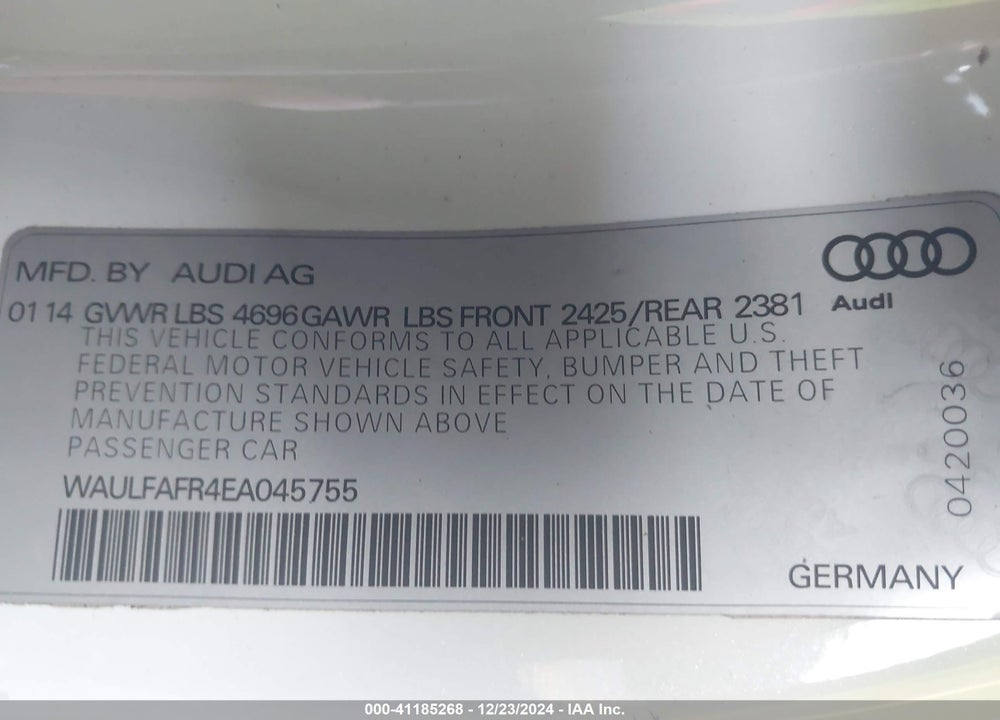2014 AUDI A5 2.0T PREMIUM VIN: WAULFAFR4EA045755