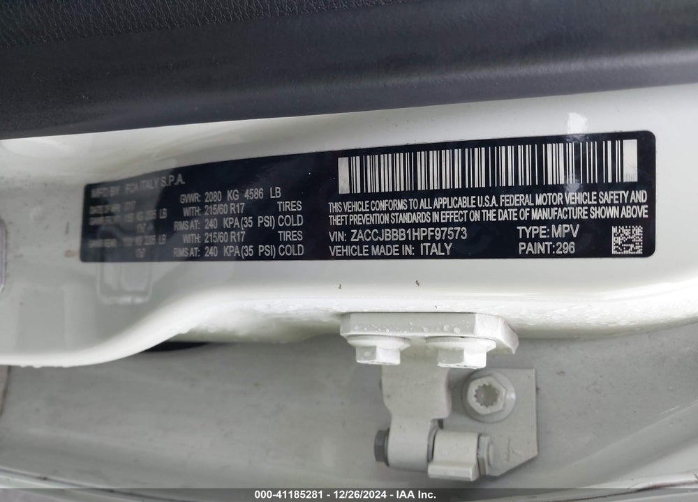 2017 JEEP RENEGADE LATITUDE 4X4 VIN: ZACCJBBB1HPF97573
