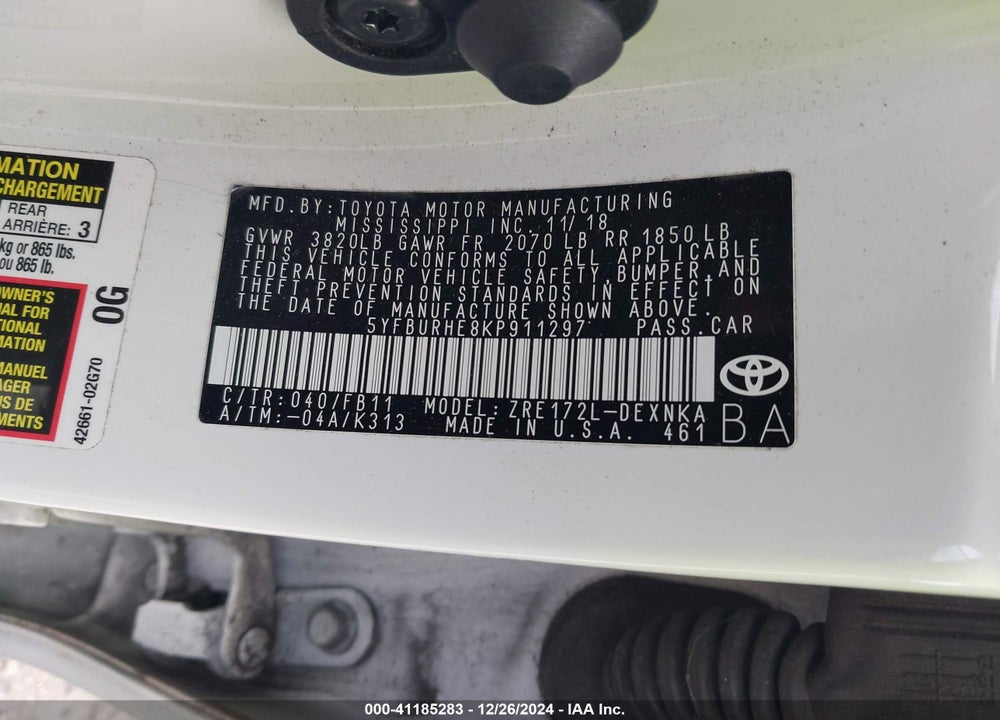 2019 TOYOTA COROLLA LE VIN: 5YFBURHE8KP911297