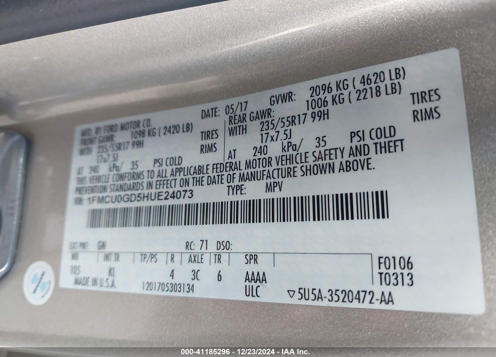 2017 FORD ESCAPE SE VIN: 1FMCU0GD5HUE24073