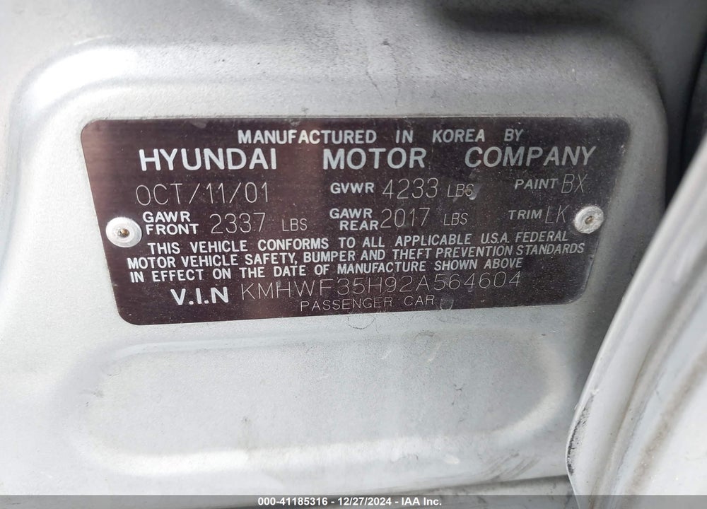 2002 HYUNDAI SONATA GLS/LX VIN: KMHWF35H92A564604