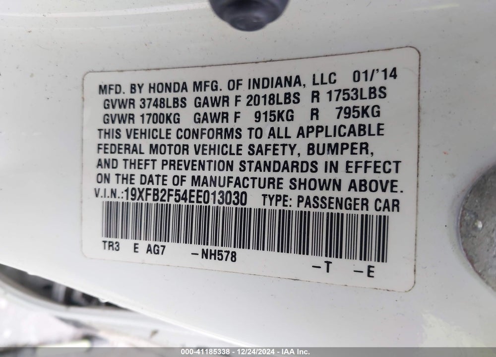 2014 HONDA CIVIC VIN: 19XFB2F54EE013030