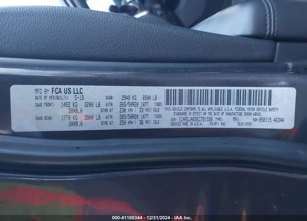 2019 DODGE DURANGO SXT AWD VIN: 1C4RDJAG5KC791558