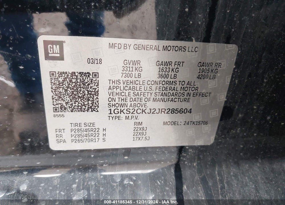 2018 GMC YUKON DENALI VIN: 1GKS2CKJ2JR285604