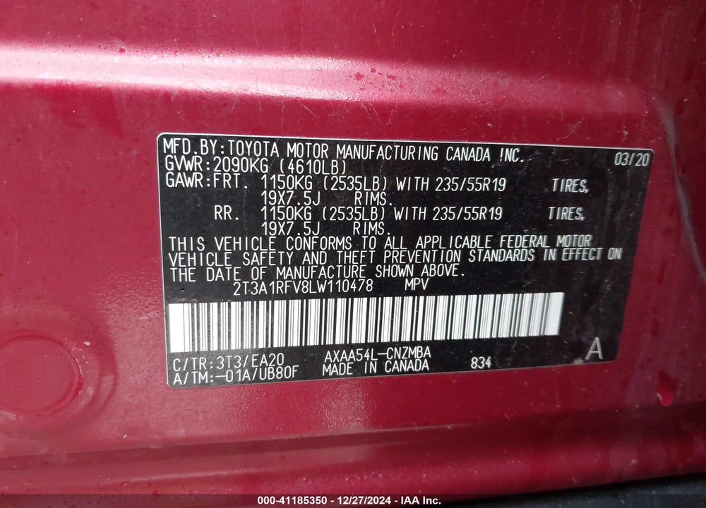 2020 TOYOTA RAV4 XLE PREMIUM VIN: 2T3A1RFV8LW110478