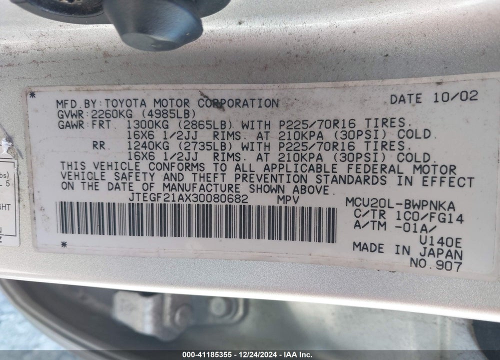 2003 TOYOTA HIGHLANDER V6 VIN: JTEGF21AX30080682