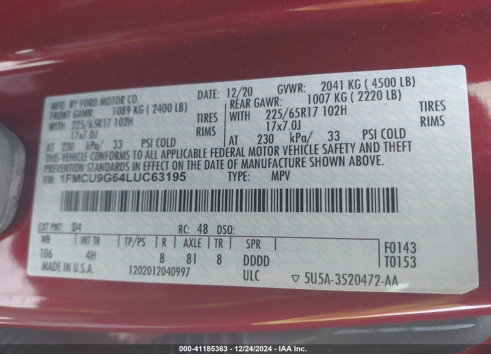 2020 FORD ESCAPE SE VIN: 1FMCU9G64LUC63195