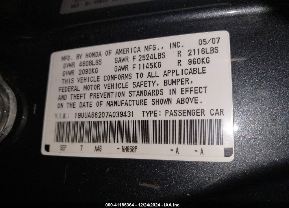 2007 ACURA TL 3.2 VIN: 19UUA66207A039431