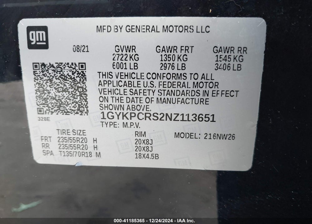 2022 CADILLAC XT6 FWD PREMIUM LUXURY VIN: 1GYKPCRS2NZ113651