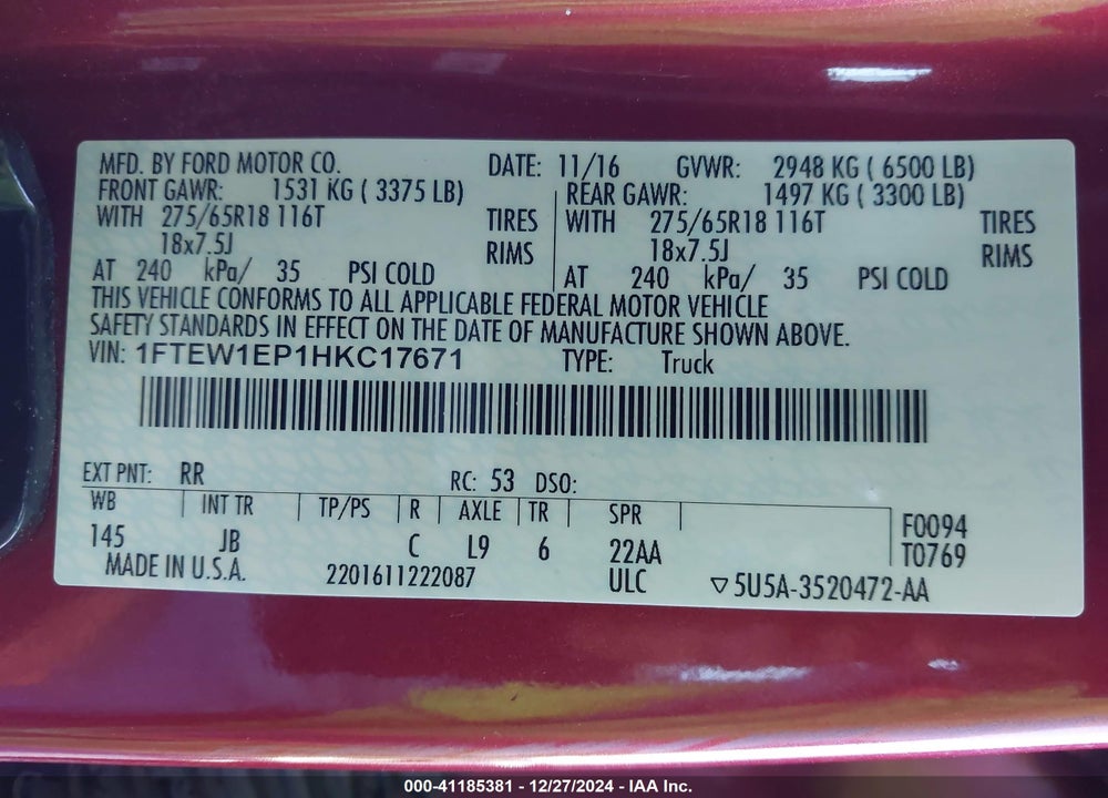 2017 FORD F-150 VIN: 1FTEW1EP1HKC17671
