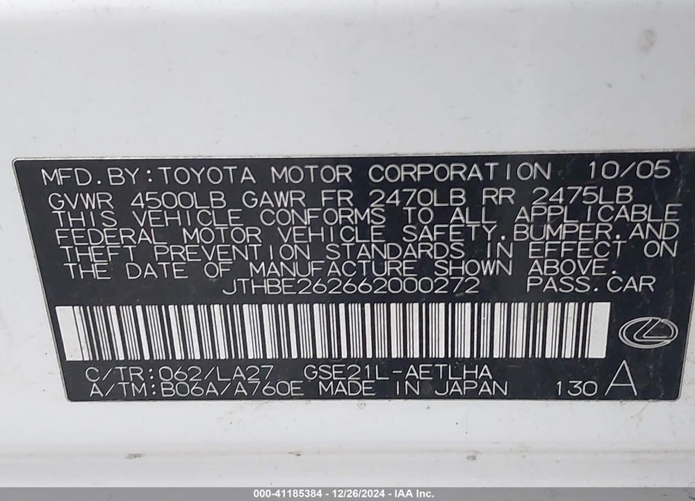 2006 LEXUS IS 350 VIN: JTHBE262662000272