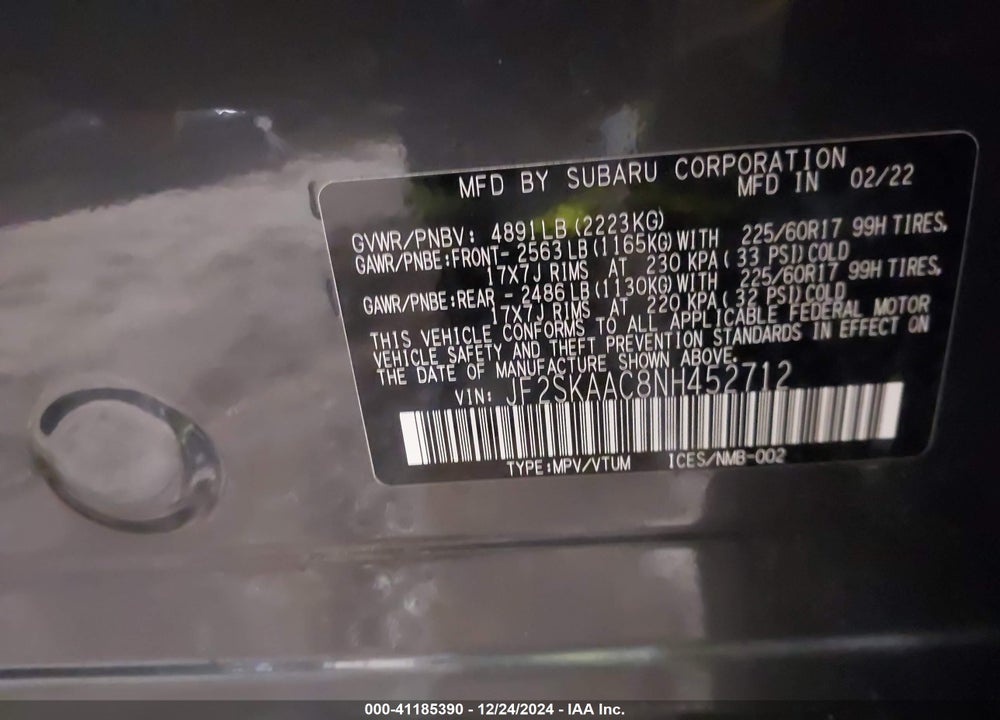 2022 SUBARU FORESTER VIN: JF2SKAAC8NH452712