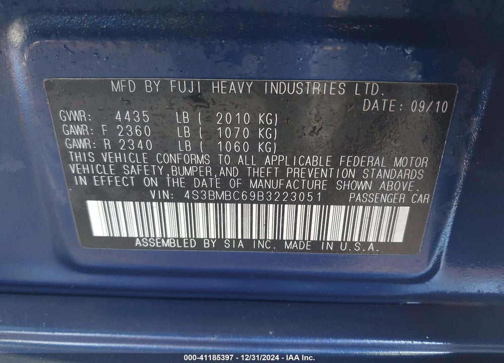 2011 SUBARU LEGACY 2.5I PREMIUM VIN: 4S3BMBC69B3223051