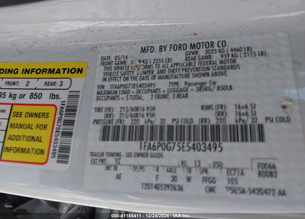 2014 FORD FUSION S VIN: 1FA6P0G75E5403495